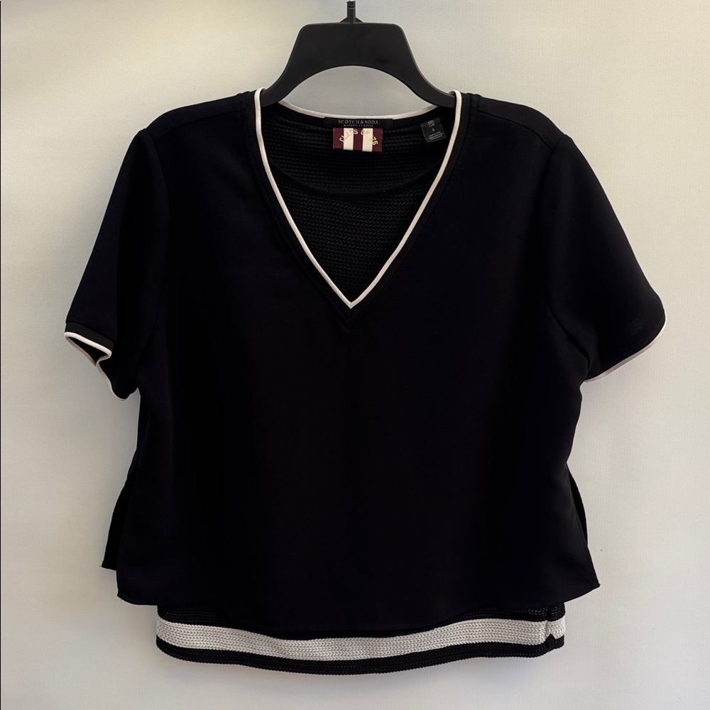 Scotch & Soda V-Neck Black Top with Black and White Trim